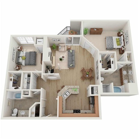 Floor plan for 2 beds, 2 baths, 1354 sqft