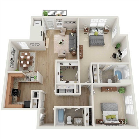 Floor plan for 2 beds, 2 baths, 1340 sqft