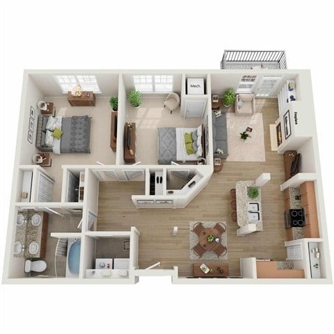 Floor plan for 2 beds, 1 bath, 1135 sqft