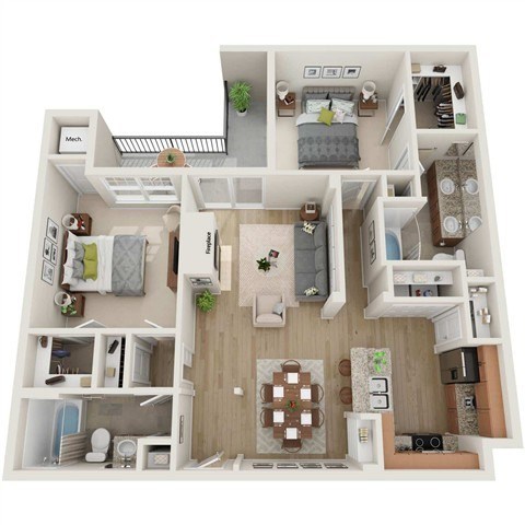 Floor plan for 2 beds, 2 baths, 1204 sqft