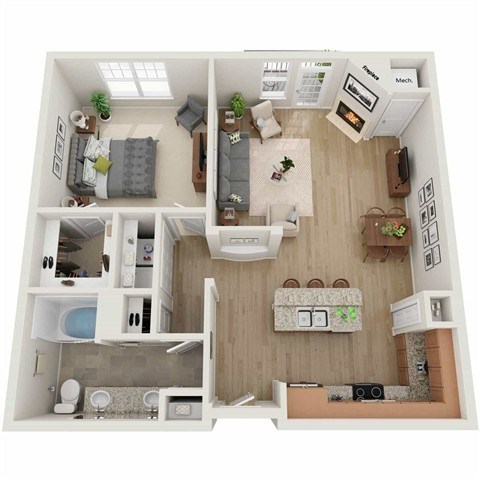 Floor plan for 1 bed, 1 bath, 955 sqft