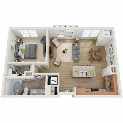 Floor plan for 1 bed, 1 bath, 810 sqft