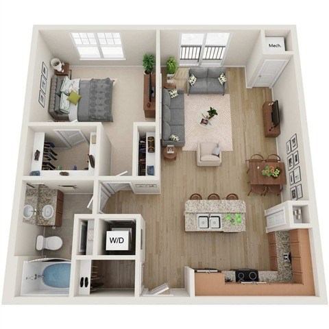 Floor plan for 1 bed, 1 bath, 849 sqft