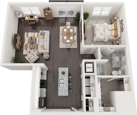 Floor plan for 1 bed, 1 bath, 1021 sqft