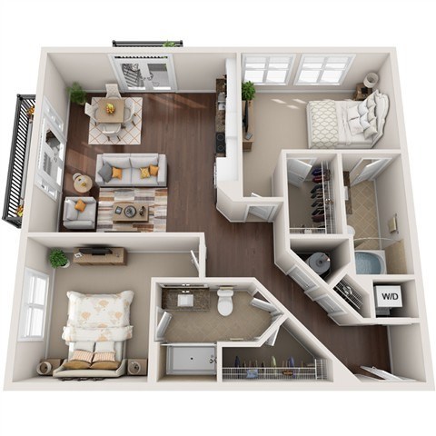Floor plan for 2 beds, 2 baths, 1223 sqft