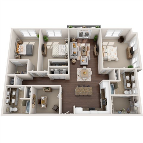 Floor plan for 3 beds, 2 baths, 1728 sqft