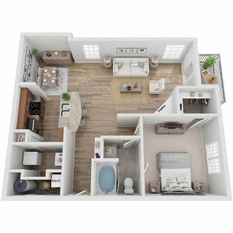 Floor plan for 1 bed, 1 bath, 895 sqft