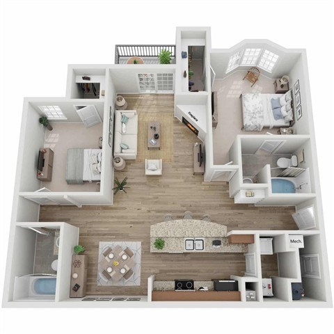 Floor plan for 2 beds, 2 baths, 1206 sqft