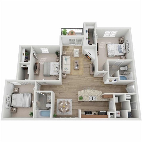 Floor plan for 3 beds, 2 baths, 1361 sqft