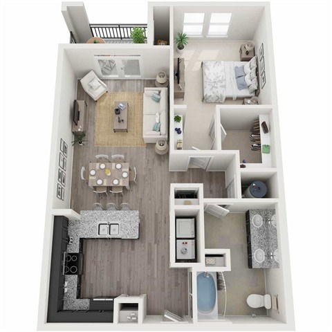 Floor plan for 1 bed, 1 bath, 887 sqft
