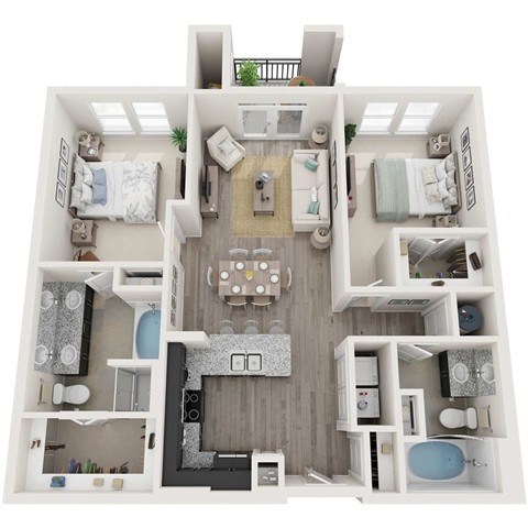 Floor plan for 2 beds, 2 baths, 1073 sqft
