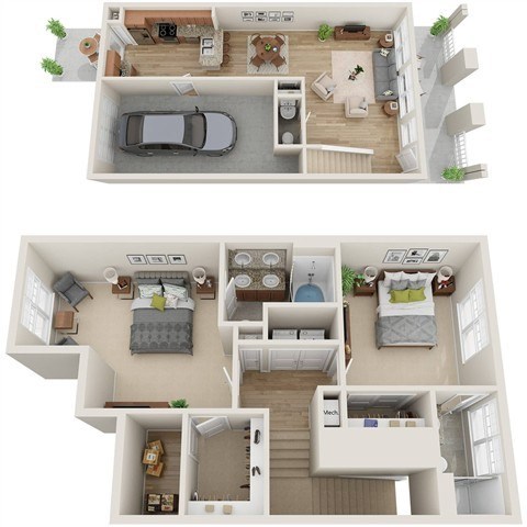 Floor plan for 2 beds, 2.5 baths, 1271 sqft