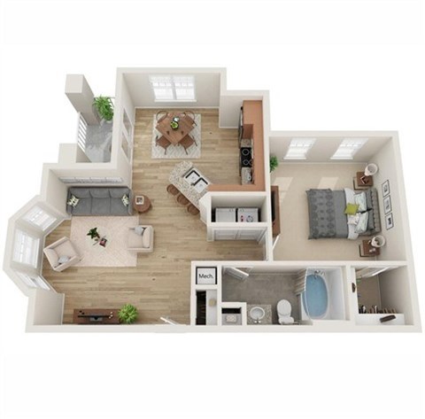 Floor plan for 1 bed, 1 bath, 761 sqft