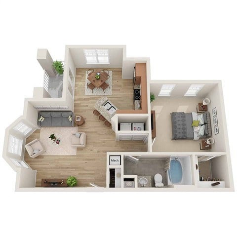Floor plan for 1 bed, 1 bath, 761 sqft
