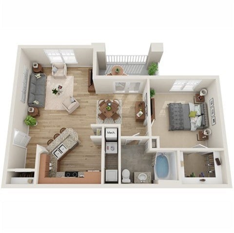 Floor plan for 1 bed, 1 bath, 795 sqft