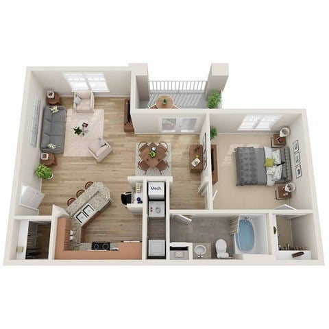 Floor plan for 1 bed, 1 bath, 795 sqft