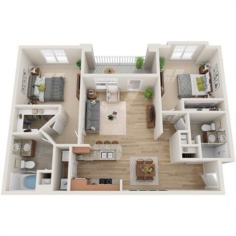 Floor plan for 2 beds, 2 baths, 1038 sqft