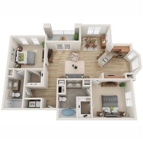 Floor plan for 2 beds, 2 baths, 1132 sqft