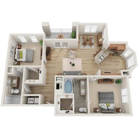 Floor plan for 2 beds, 2 baths, 1132 sqft