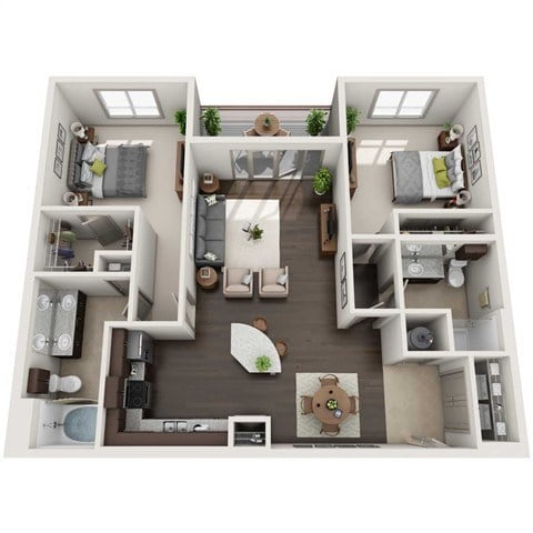 Floor plan for 2 beds, 2 baths, 1233 sqft