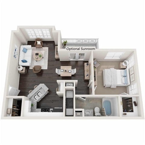 Floor plan for 1 bed, 1 bath, 802 sqft