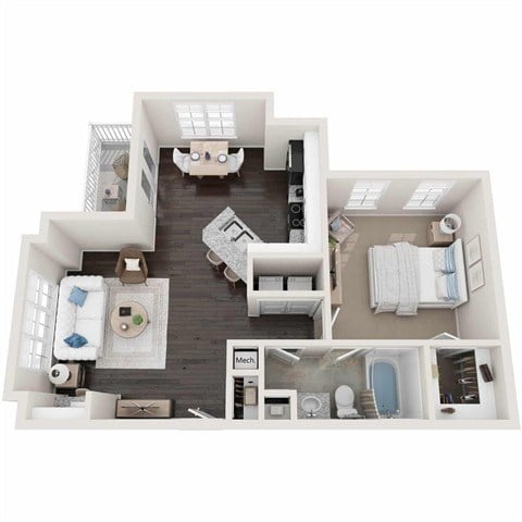 Floor plan for 1 bed, 1 bath, 755 sqft