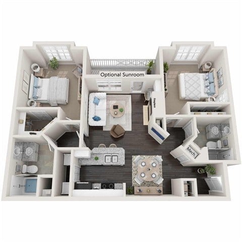 Floor plan for 2 beds, 2 baths, 1039 sqft