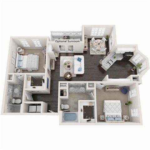 Floor plan for 2 beds, 2 baths, 1126 sqft