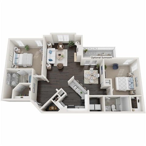Floor plan for 2 beds, 2 baths, 1185 sqft