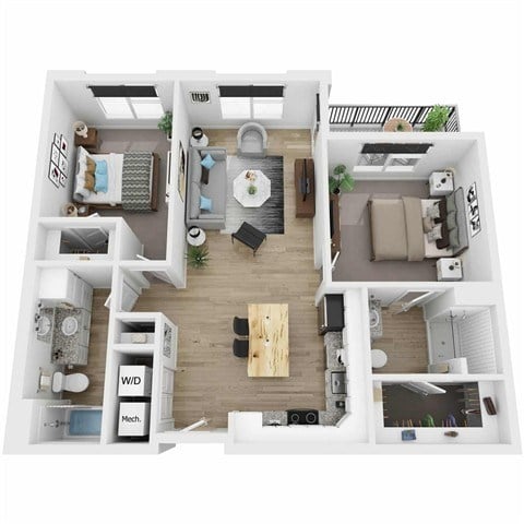 Floor plan for 2 beds, 2 baths, 960 sqft