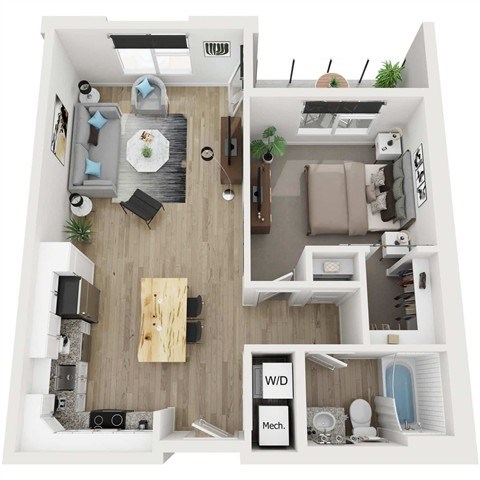 Floor plan for 1 bed, 1 bath, 722 sqft