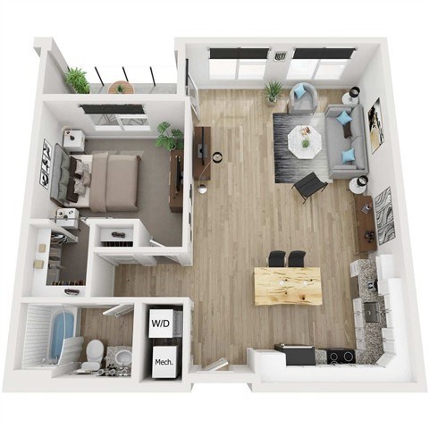 Floor plan for 1 bed, 1 bath, 848 sqft