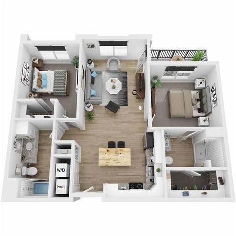 Floor plan for 2 beds, 2 baths, 1037 sqft