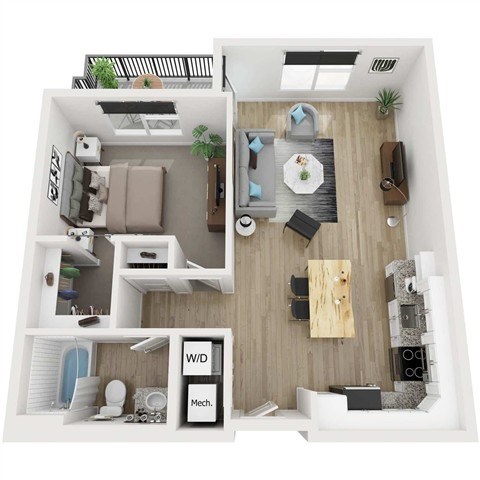 Floor plan for 1 bed, 1 bath, 782 sqft