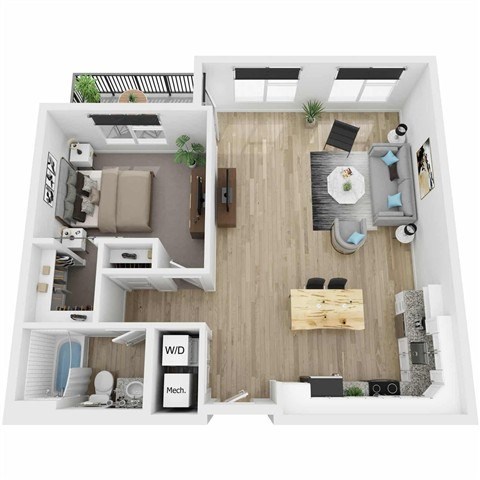 Floor plan for 1 bed, 1 bath, 878 sqft
