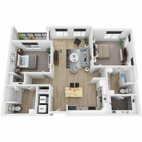 Floor plan for 2 beds, 2 baths, 1163 sqft