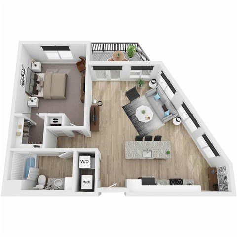 Floor plan for 1 bed, 1 bath, 905 sqft