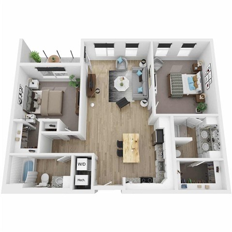 Floor plan for 2 beds, 2 baths, 1099 sqft
