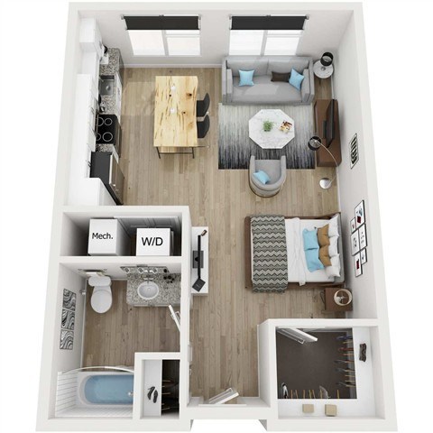 Floor plan for studio, 1 bath, 595 sqft