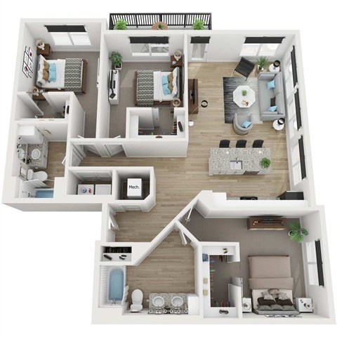 Floor plan for 3 beds, 2 baths, 1444 sqft