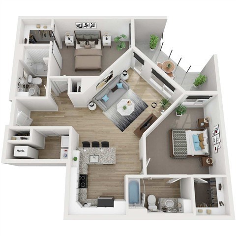 Floor plan for 2 beds, 2 baths, 1107 sqft