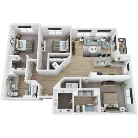 Floor plan for 3 beds, 2 baths, 1389 sqft