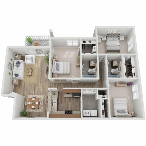 Floor plan for 3 beds, 2 baths, 1264 sqft