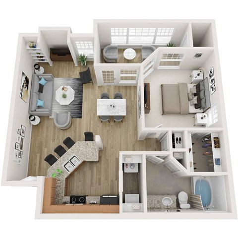 Floor plan for 1 bed, 1 bath, 900 sqft