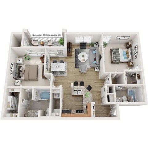 Floor plan for 2 beds, 2 baths, 1045 sqft