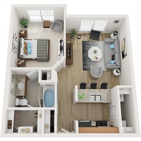 Floor plan for 1 bed, 1 bath, 670 sqft