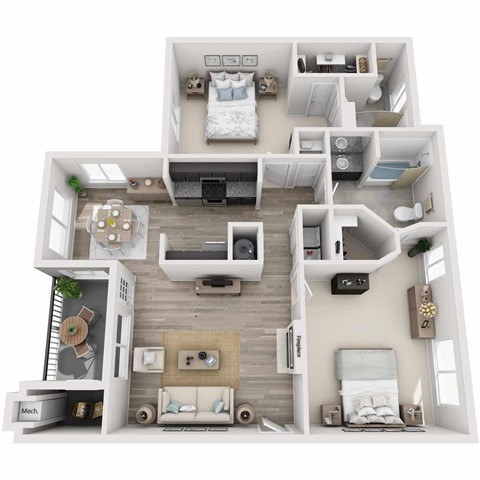 Floor plan for 2 beds, 2 baths, 1033 sqft