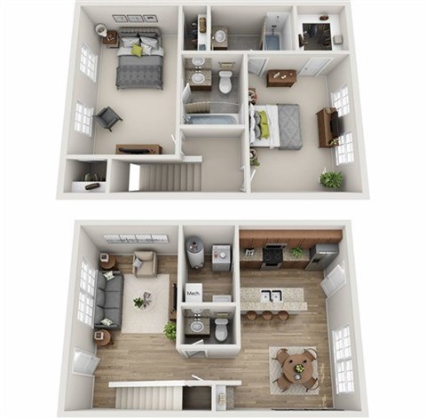 Floor plan for 2 beds, 2.5 baths, 1100 sqft