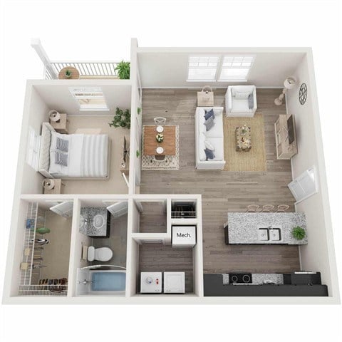 Floor plan for 1 bed, 1 bath, 719 sqft