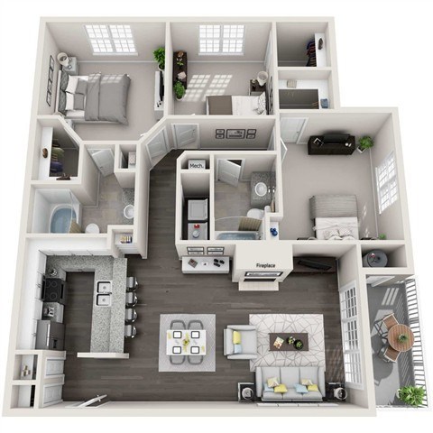 Floor plan for 3 beds, 2 baths, 1393 sqft